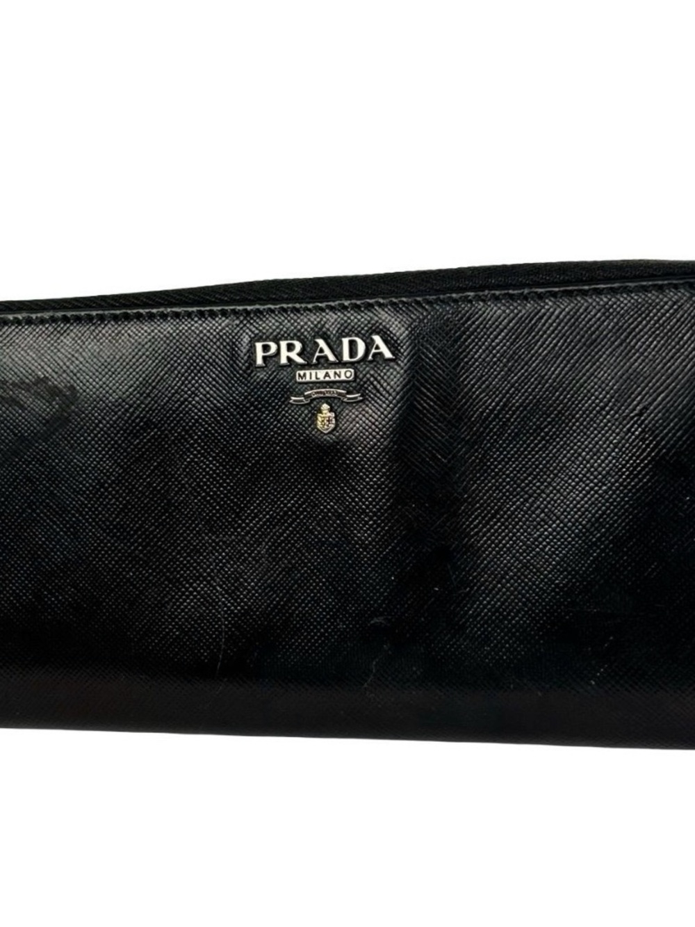 Prada Black Saffiano Leather Long Wallet with Silver Logo w/ COA